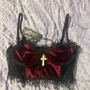 NWT Dolls Kill Widow Burgundy and Black Velvet Bustier/Bra top